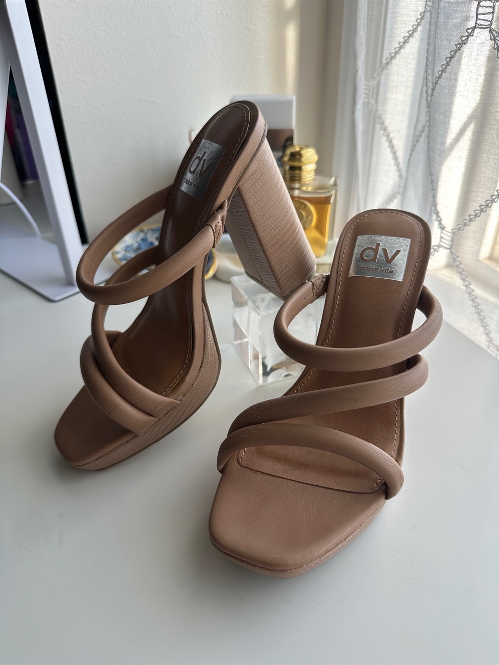 DV by Dolce Vita Blush Tan Triple-Strap Block Heel Sandals